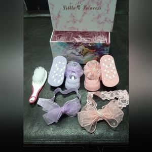 Baby booties, brush and headbands